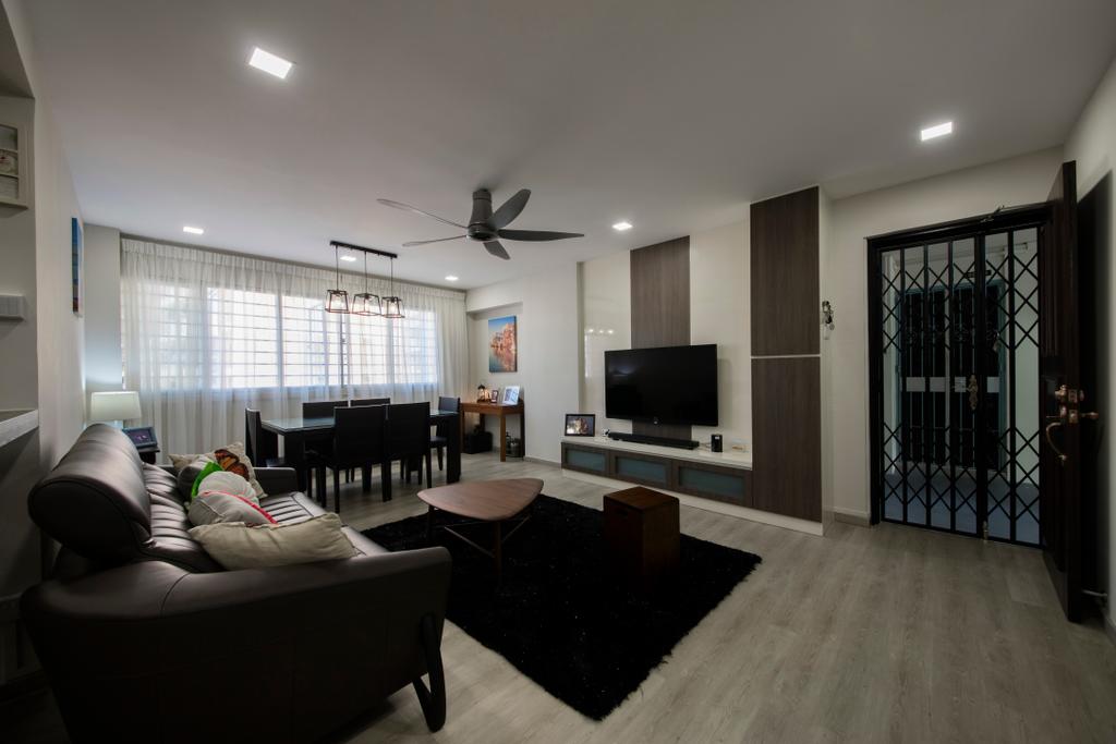 Modern, HDB, Living Room, Bishan Street 23, Interior Designer, Voila, Modern Contemporary Living Room, Wooden Floor, Black Rug, Recessed Lights, Wall Mounted Television, Floating Television Console, Wooden Table, Couch, Furniture, Building, Housing, Indoors, Loft, Chair, Electronics, Entertainment Center