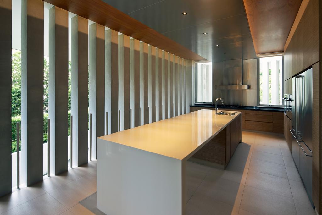 Modern, Landed, Kitchen, Cove Drive 2, Architect, Greg Shand Architects, Beams, Wooden Ceiling, White Kitchen Counter, Furniture, Reception, Reception Desk, Table, Dining Table, Flooring, HDB, Building, Housing, Indoors, Loft, Interior Design, Desk