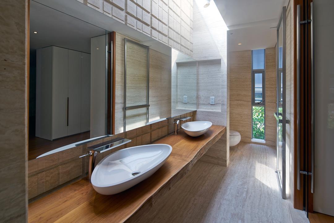 Cove Drive 2, Greg Shand Architects, Modern, Bathroom, Landed, Mirror, Wooden Sink Table, Wall Mount Table, Wooden Table, White Basin, Jacuzzi, Tub
