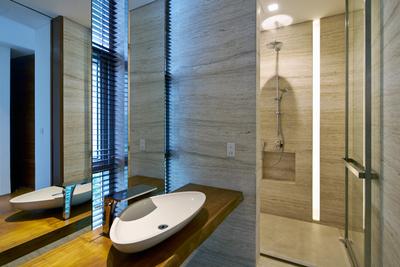 Cove Drive 2, Greg Shand Architects, Modern, Bathroom, Landed, White Basin, Wooden Sink, Glass Door, Mirror