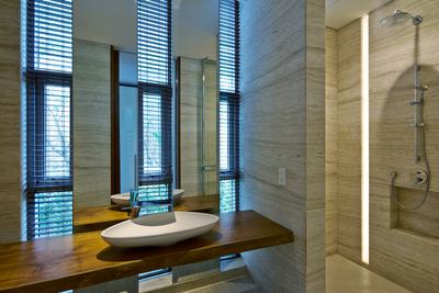 Cove Drive 2, Greg Shand Architects, Modern, Bathroom, Landed, Blinds, Mirror, White Basin, Wooden Sink Top, Shower, Hardwood, Stained Wood, Wood