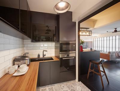 Matilda Portico, Absolook Interior Design, Contemporary, Kitchen, HDB, Black Wall Mounted Cabinets, Wooden Top, White Marble Floor, Hanging Lights, Appliance, Electrical Device, Oven, Chair, Furniture, Indoors, Interior Design, Room, Bathroom, Dining Table, Table, Microwave