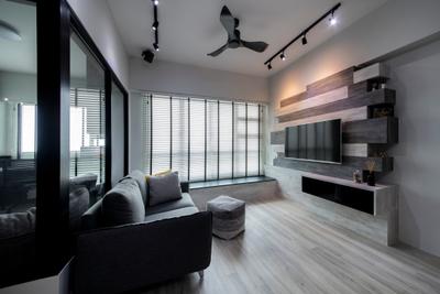 Jalan Tenteram (Block 116A), Starry Homestead, Industrial, Living Room, HDB, Contemporary Living Room, Wooden Floor, Wall Mounted Television, Floating Television Console, Black Track Lights, Mini Ceiling Fan, Roll Up Down Curtain, Shelf