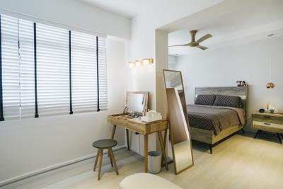 Senja Gateway (Block 635A), Starry Homestead, Contemporary, Bedroom, HDB, Wooden Floor, Roll Up Down Curtain, Mini Ceiling Fan, King Size Bed, Contemporary Bedroom, Cozy, Cosy, Wooden Table, Wooden Stool, Bar Stool, Furniture, Indoors, Interior Design, Room