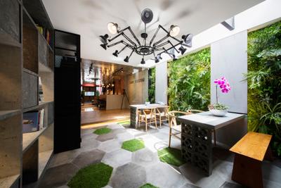 Starry Homestead Balestier Showroom, Starry Homestead, Modern, Garden, Commercial, Hanging Lights, Wooden Bench, White Laminated Tabletop, Wooden Table, Honeycomb Patterned Wall, Flora, Jar, Plant, Potted Plant, Pottery, Vase, Chandelier, Lamp, Patio, Hemp