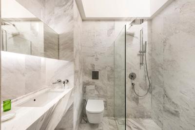 Ply House, UPSTAIRS_, , Bathroom, , White Marble Floor, Marble Wall, Shower Glass Panel, White Sink Countertop, Hidden Interior Lights, Indoors, Interior Design, Room
