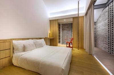 Ply House, UPSTAIRS_, , Bedroom, , Contemporary Bedroom, Wooden Floor, Hidden Interior Lights, King Size Bed, Cozy, Cosy, Sling Curtain, Coffered Ceiling, Wooden Panel, Bed, Furniture, Indoors, Interior Design, Room