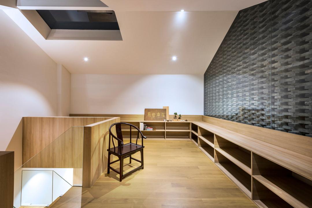 Ply House, UPSTAIRS_, Modern, Dining Room, Landed, Wooden Floor, Recessed Lights, Wooden Shelves, Chair, Furniture