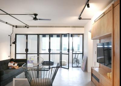 The Crate Apartment, UPSTAIRS_, Scandinavian, Living Room, Condo, Contemporary Living Room, Wall Mounted Television, Television Console, Black Track Lights, Mini Ceiling Fan, Glass Panelled Door, Banister, Handrail, Couch, Furniture