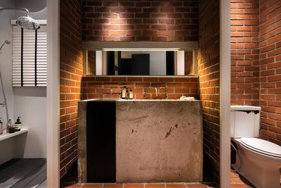 The Overlap Apartment, UPSTAIRS_, , Bathroom, , White Brick, Brick Floor, White Sink Countertop, Hidden Interior Lights, Fireplace, Hearth, Brick