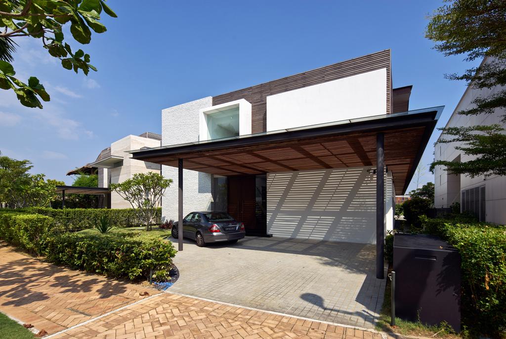 Modern, Landed, Cove Drive 3, Architect, Greg Shand Architects, Exterior View, Plants, Shelter, Glass Window, Rough Walls, Grey Wall, White Wall, Car Shelter, Flora, Jar, Plant, Potted Plant, Pottery, Vase, Fence, Hedge