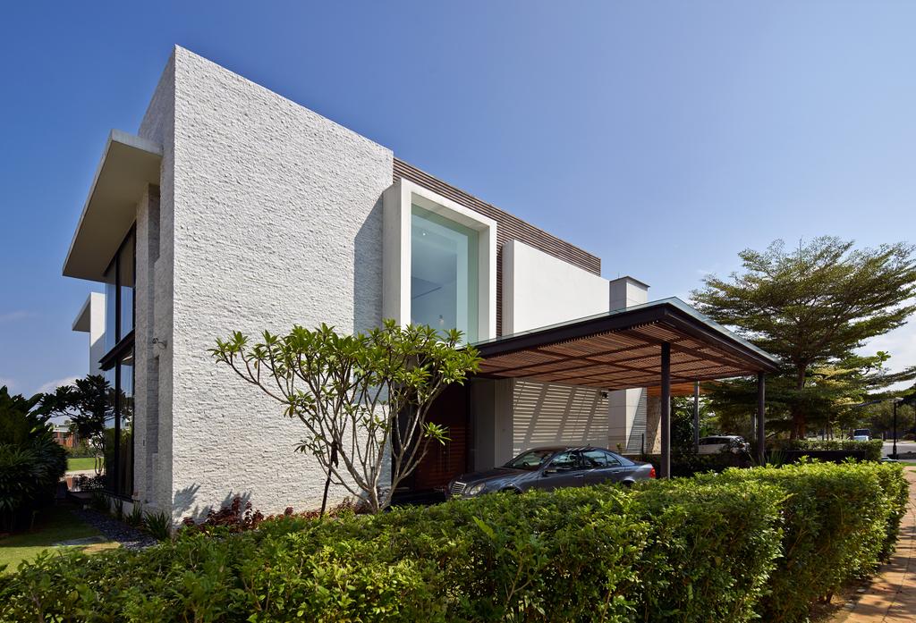 Modern, Landed, Cove Drive 3, Architect, Greg Shand Architects, Exterior View, Plants, Shelter, Glass Window, Rough Walls, Grey Wall, Fence, Flora, Hedge, Plant, Canopy, Building, Cottage, House, Housing, Jar, Potted Plant, Pottery, Vase, Villa