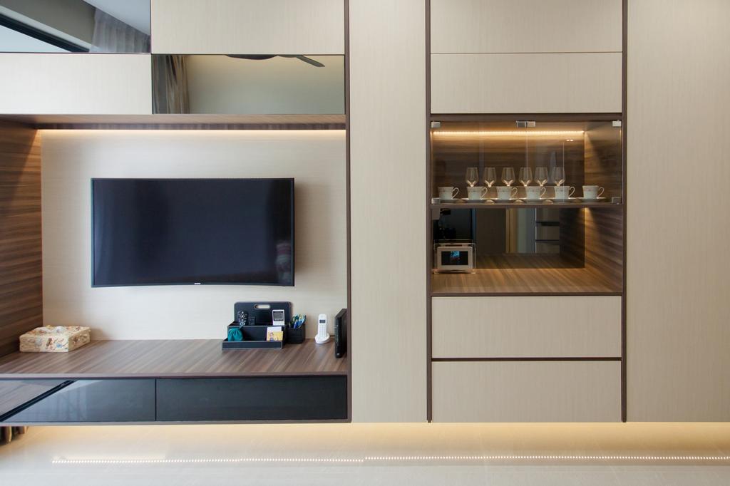 Modern, Condo, Living Room, Sengkang Square, Interior Designer, Space Atelier, Floating Console, Wall Mounted Television, , Wooden Drawers, Appliance, Electrical Device, Oven, Electronics, Entertainment Center