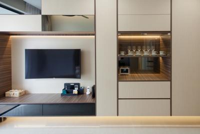 Sengkang Square, Space Atelier, Modern, Living Room, Condo, Floating Console, Wall Mounted Television, Wooden Drawers, Appliance, Electrical Device, Oven, Electronics, Entertainment Center