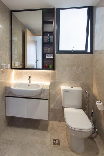 Sengkang Square, Space Atelier, Modern, Bathroom, Condo, Marble Surface, Hidden Interior Lights, Wall Mounted Cabinet, Mirror Door Cabinet, Window, Toilet, Appliance, Electrical Device, Oven