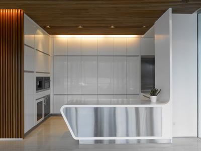 Cove Way 2, Greg Shand Architects, Modern, Kitchen, Landed, Wood Ceiling, Concealed Lights, White Kitchen Counter, White, Kitchen Countertop, White Cabinet, White Kitchen Cabinets, Wooden Walls