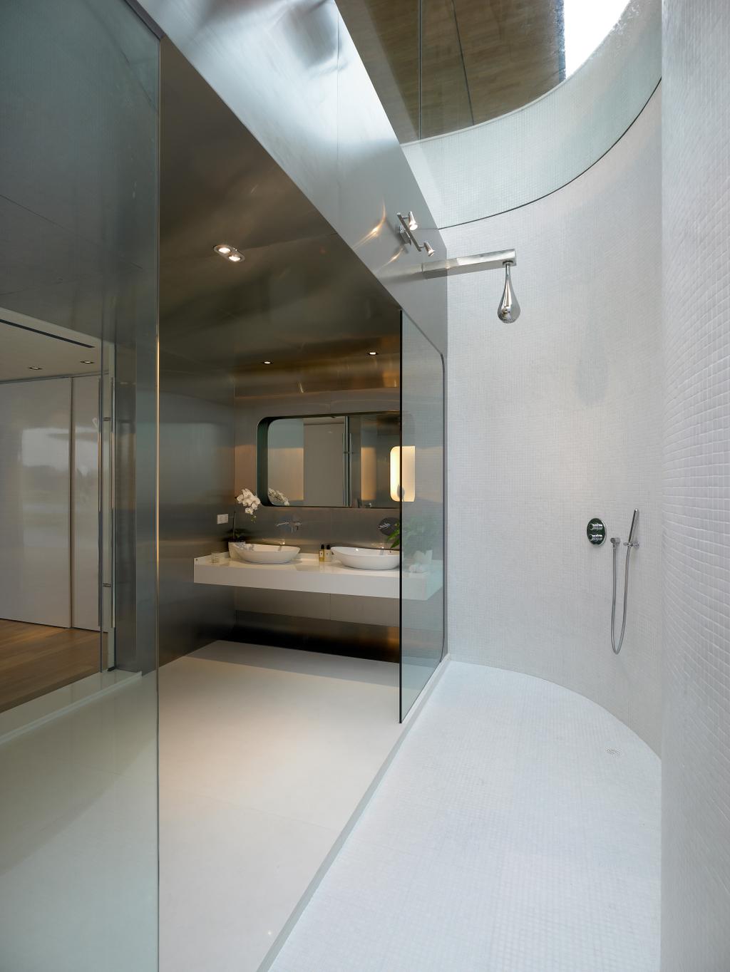 Modern, Landed, Bathroom, Cove Way 2, Architect, Greg Shand Architects, Shower, Glass Door, Wall Mount Sink, White Basin, Mirror, White Wall, White Floor, Indoors, Interior Design, Room, Lighting