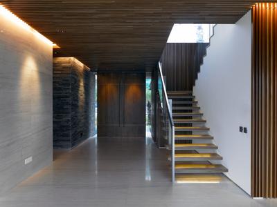 Cove Way 2, Greg Shand Architects, Modern, Landed, Wood Ceiling, Wooden Steps, Glass Barricade, Wooden Wall, Concealed Lighting, Banister, Handrail, Staircase, Corridor