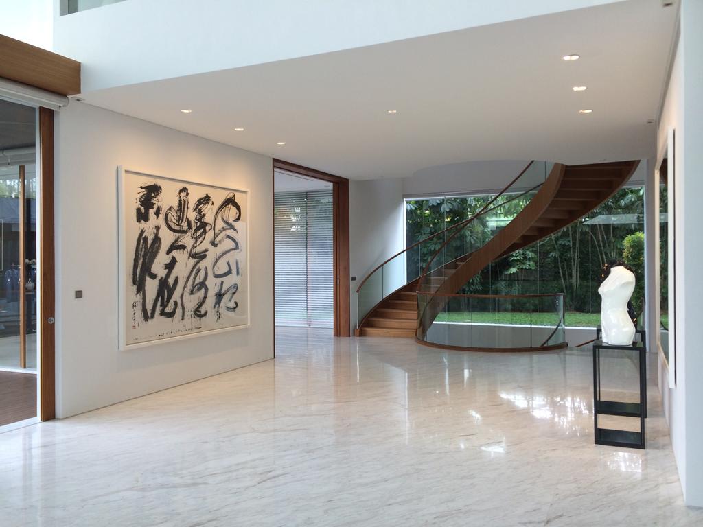 Modern, Landed, Gallop Park Road, Architect, Greg Shand Architects, Ceiling Lights, Concealed Lights, Statue, Shelf, Portrait, Chinese Portrait, White Marble Floor, Stairway, Twisted Stairway, Curved Stairway, Banister, Handrail, Indoors, Interior Design