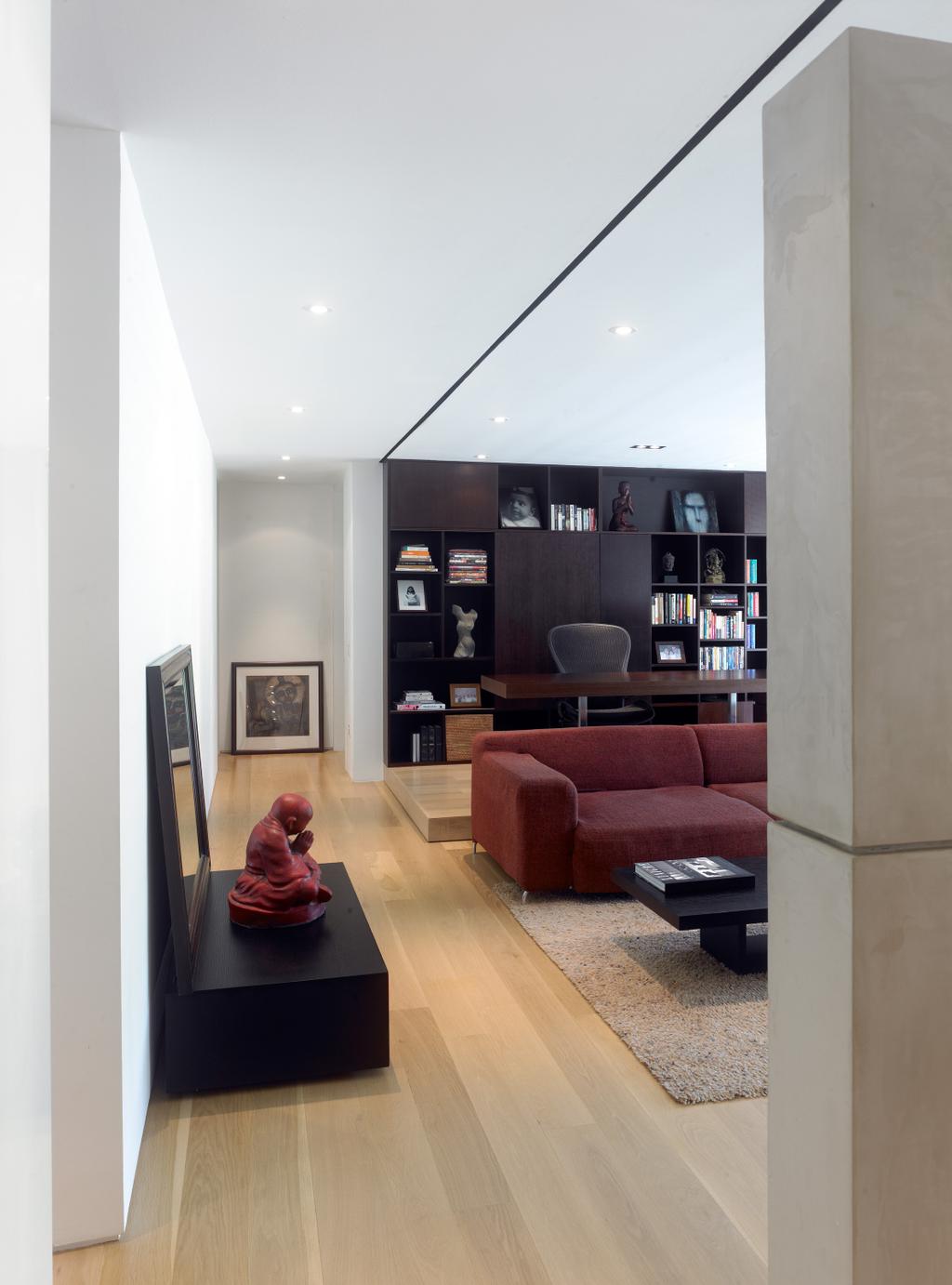 Modern, Condo, Living Room, Peppy's Hill, Architect, Greg Shand Architects, Ceiling Lights, Wooden Flooring, Laminated Floor, Shelf, Buddha Statue, Mirror Frame, Sofa, Red Sofa, Open Shelf, Bookshelf, Carpet, Human, People, Person, Couch, Furniture
