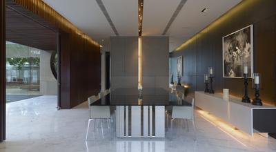 Ocean Drive 2, Greg Shand Architects, Modern, Dining Room, Landed, Concealed Lighting, Concealed Lights, Shelf, White Shelf, Display Shelf, Portrait, Candle Holders, Dining Table, White Marble Floor, Dining Chairs, Wooden Walls, Furniture, Table, Indoors, Interior Design