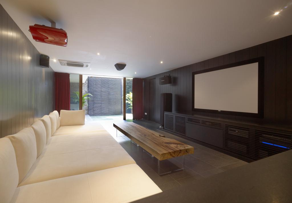 Modern, Landed, Living Room, Ocean Drive 1, Architect, Greg Shand Architects, Projector, Projector Screen, Ceiling Lights, Wooden Table, Brown Table, Bench, Indoors, Room