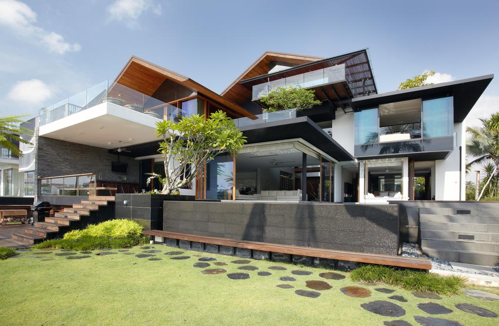 Modern, Landed, Ocean Drive 1, Architect, Greg Shand Architects, Exterior View, Grass Patch, Pebble Steps, Bushes, Plants, Trees, Glass Barricade, Steps, Concrete Gates, Building, House, Housing, Villa, Balcony