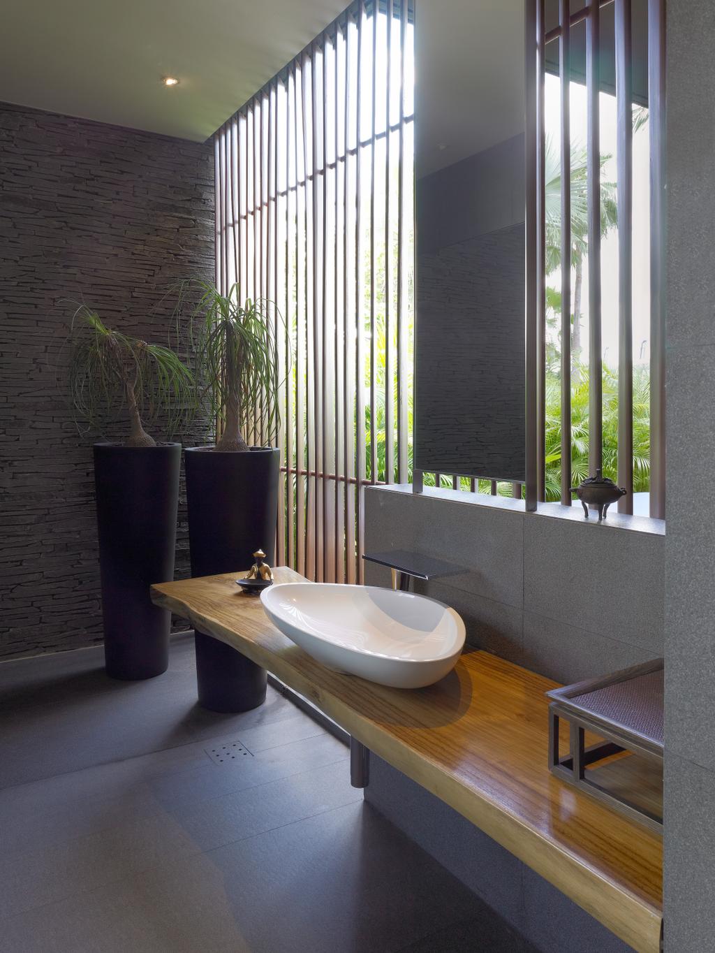 Modern, Landed, Bathroom, Ocean Drive 1, Architect, Greg Shand Architects, Grey Wall, Grey Floor, Wall Mounted Table, Wooden Table, Wooden Sink Table, White Basin, Flora, Jar, Plant, Potted Plant, Pottery, Vase, Bonsai, Tree, Indoors, Interior Design, Room