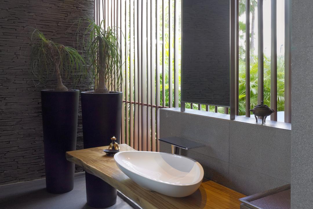 Ocean Drive 1, Greg Shand Architects, Modern, Bathroom, Landed, Grey Wall, Grey Floor, Wall Mounted Table, Wooden Table, Wooden Sink Table, White Basin, Flora, Jar, Plant, Potted Plant, Pottery, Vase, Bonsai, Tree, Indoors, Interior Design, Room