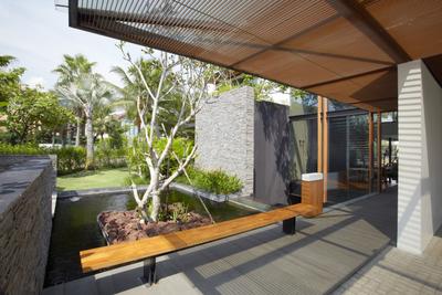 Ocean Drive 1, Greg Shand Architects, Modern, Landed, Bench, Wooden Bench, Indoor Pond, Small Pond, Plants, Trees, Concrete Walls, Concrete Wall, Wood Ceiling, Wooden Shelter, Flora, Jar, Plant, Potted Plant, Pottery, Vase, Bonsai, Tree, Door, Sliding Door