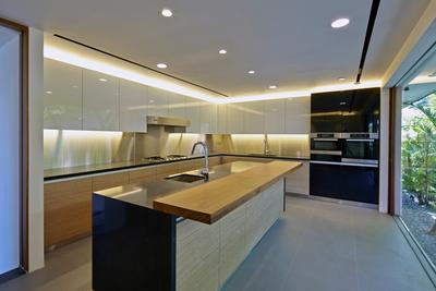 Cove Way 1, Greg Shand Architects, Modern, Kitchen, Landed, Ceiling Lights, White Cabinet, Kitchen Countertop, Wooden Board, Concealed Lights, Dining Table, Furniture, Table