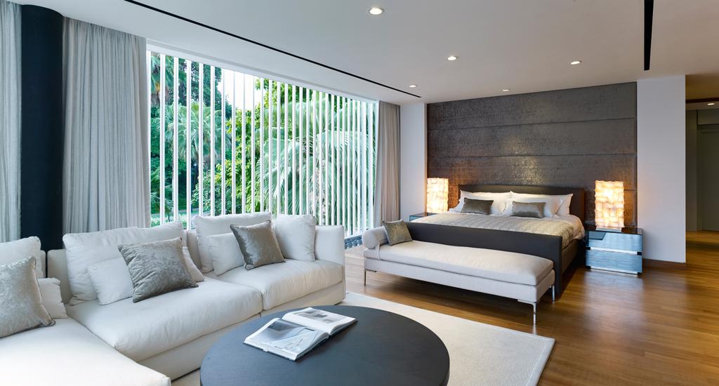 Modern, Landed, Bedroom, Cove Way 1, Architect, Greg Shand Architects, Ceiling Lights, Curtains, Tv Feature Wall, Bedside Lamp, Sofa, Brown Coffee Table, Carpet, Wooden Flooring, White Sofa, Round Table, Feature Wall, Couch, Furniture, Indoors, Room