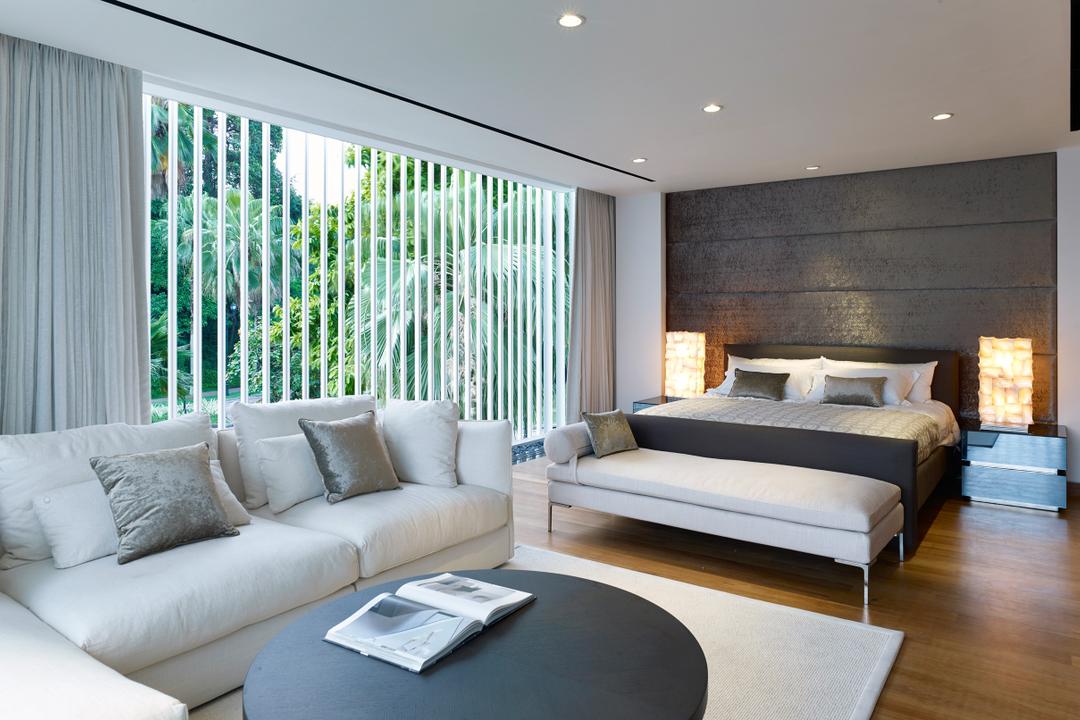 Cove Way 1, Greg Shand Architects, Modern, Bedroom, Landed, Ceiling Lights, Curtain, Feature Wall, Bedside Lamp, Sofa, Black Coffee Table, Carpet, Wooden Flooring, White Sofa, Round Table, Couch, Furniture, Indoors, Room