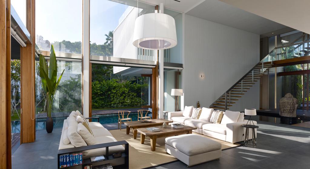 Modern, Landed, Living Room, Cove Way 1, Architect, Greg Shand Architects, Wooden Pillars, Pendant Light, White, Sofa, Brown Coffee Table, Brown, High Ceiling, High Windows, Flora, Jar, Plant, Potted Plant, Pottery, Vase, HDB, Building, Housing, Indoors, Loft, Interior Design, Dining Room, Room