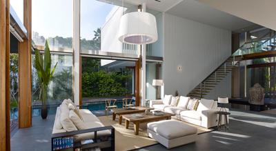 Cove Way 1, Greg Shand Architects, Modern, Living Room, Landed, Wooden Pillars, Pendant Light, White, Sofa, Brown Coffee Table, Brown, High Ceiling, High Windows, Flora, Jar, Plant, Potted Plant, Pottery, Vase, HDB, Building, Housing, Indoors, Loft, Interior Design, Dining Room, Room