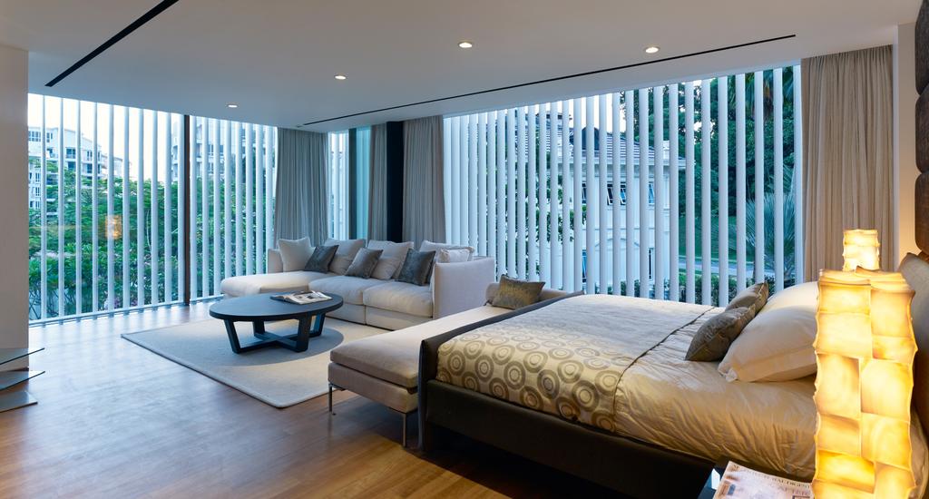 Modern, Landed, Bedroom, Cove Way 1, Architect, Greg Shand Architects, Ceiling Lights, Wooden Flooring, Bedside Lamp, Round Table, Sofa, Carpet, Brown Coffee Table, Curtains, Couch, Furniture, Banister, Handrail