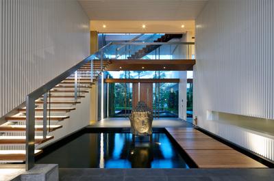 Cove Way 1, Greg Shand Architects, Modern, Landed, Buddha Statue, Wooden Steps, Concealed Lights, Step Lights, Wooden Platform, Small Pond, Stairway, Spa, Indoors, Interior Design