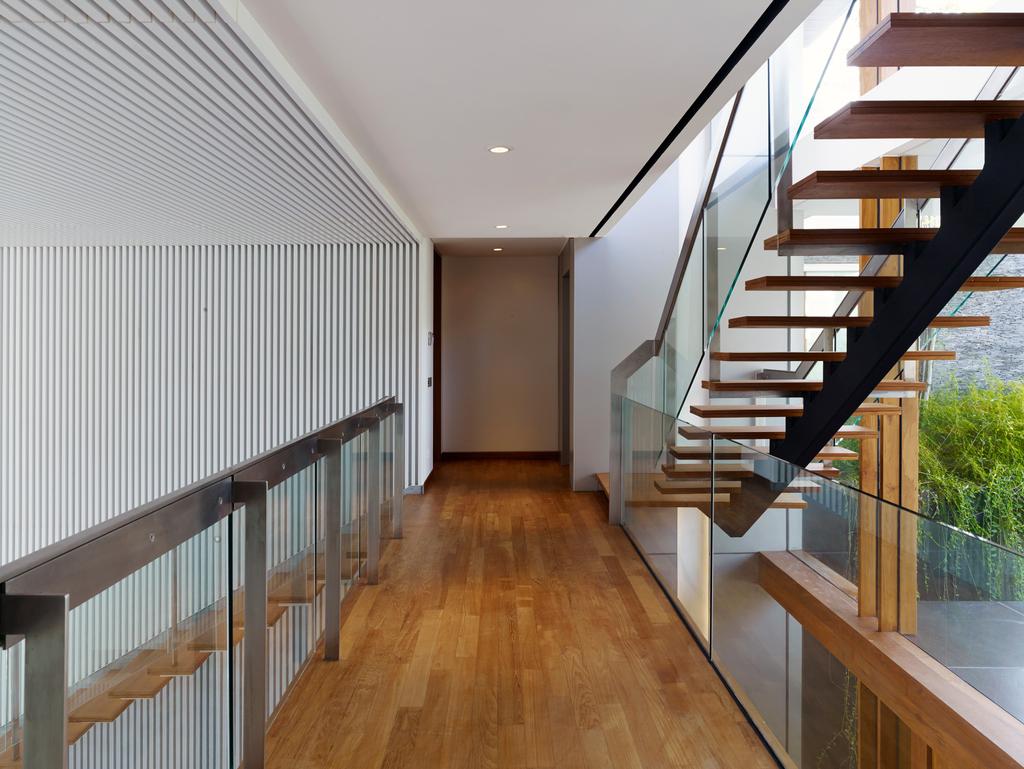 Modern, Landed, Cove Way 1, Architect, Greg Shand Architects, Glass Barricade, Wooden Flooring, Wooden Steps, Banister, Handrail, Staircase, Hardwood, Wood