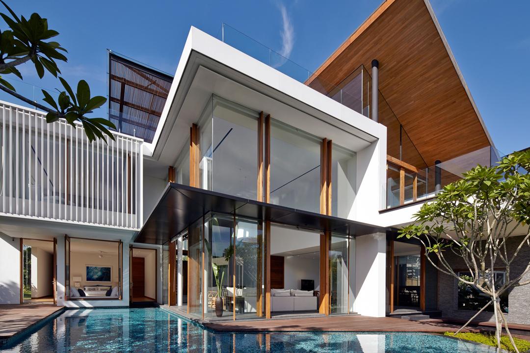 Cove Way 1, Greg Shand Architects, Modern, Landed, Exterior View, Wooden Ceiling, White Wall, Glass Wall, Wooden Pillars, Indoor Pool, Private Pool, Plant, Tree, Building, House, Housing, Villa, Arecaceae, Flora, Palm Tree
