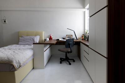 Tampines, Liid Studio, Traditional, Bedroom, HDB, White All, Study Desk, Study Chair, Office Chair, White Cabinet, Cushioned Headboard, Bed, Furniture, Chair, Desk, Table