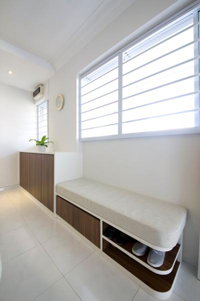 Tampines, Liid Studio, Traditional, Living Room, HDB, White Wall, White Ceiling, False Ceiling, White Floor, Wooden Cabinets, Potted Plants, Cushioned Seat, Shoe Rack