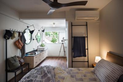 Kampong Arang Road, Versaform, Industrial, Minimalist, Bedroom, HDB, Contemporary Bedroom, Wooden Floor, Sign Size Bed, Cozy, Cosy, Wooden Bedding Panel, Mini Ceiling Fan, Roll Up Down Curtain, Couch, Furniture, Building, Housing, Indoors, Bed, Interior Design, Room, Kitchen