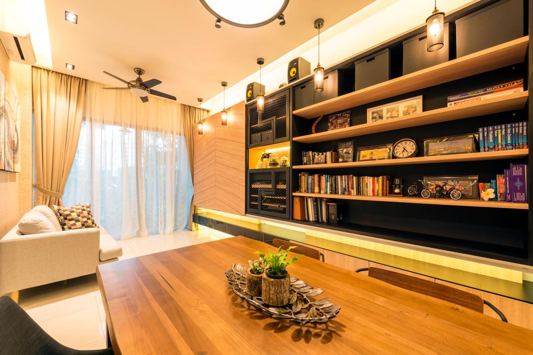 Nine Residences @ Yishun, The Local INN.terior 新家室, Modern, Industrial, Dining Room, Condo, Wood Dining Table, Wooden Dining Chair, Sling Curtain, Ceiling Lights, Recessed Lights, Hanging Lights, Shelves, Indoors, Interior Design, Furniture, Tabletop, Room