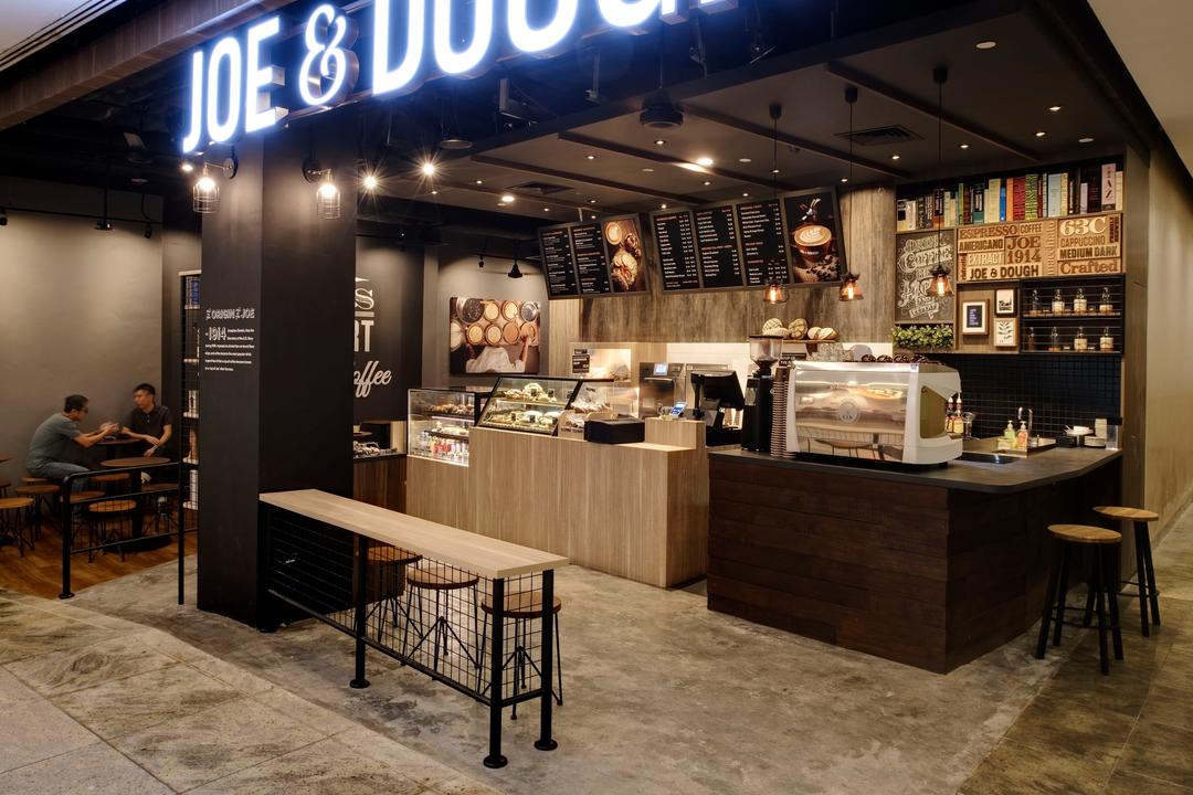 Joe & Dough (Novena), Liid Studio, Industrial, Commercial, Concrete Floor, Signage, Neon Signage, Hanging Lights, Hanging Light, Wooden Table, Display Counter, Chairs, Counter, Appliance, Electrical Device, Oven, Indoors, Interior Design, Kitchen, Room, Flooring
