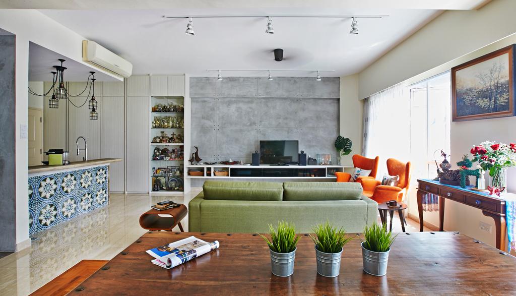 Eclectic, Condo, Living Room, Hindhede Drive, Interior Designer, Fuse Concept, Grey Wall, Industrial Wall, Peranakan Tiles, Kitchen Countertop, Potted Plants, Wood Dining Table, Wooden Table, Dining Table, Portrait, Orange Chair, Green Sofa, Sofa, Couch, Furniture, Flora, Jar, Plant, Potted Plant, Pottery, Vase, Dining Room, Indoors, Interior Design, Room