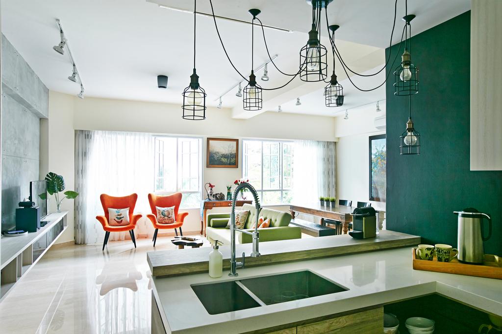 Eclectic, Condo, Kitchen, Hindhede Drive, Interior Designer, Fuse Concept, Hanging Lights, Black Track Lights, White Track Lights, White Kitchen Countertop, Orange Chairs, Grey Wall, Furniture, Chair, Dining Room, Indoors, Interior Design, Room