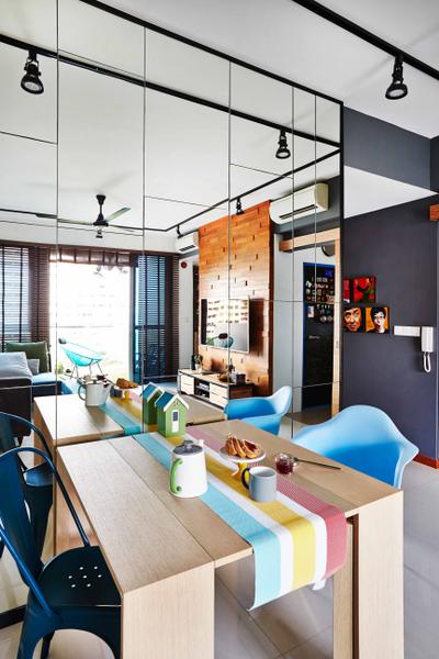 The Canopy, Fuse Concept, Eclectic, Dining Room, Condo, Colourful Table Mat, Wooden Table, Dining Table, Full Length Mirror, Mirror, Black Track Lights, Blue Chair, Baby Blue, Dark Blue, Wall Portrait, Small House Decor, Collage, Poster, Indoors, Interior Design, Room, Sink
