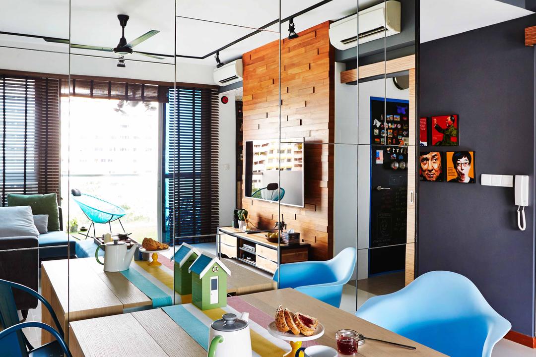 The Canopy, Fuse Concept, Eclectic, Dining Room, Condo, Colourful Table Mat, Wooden Table, Dining Table, Full Length Mirror, Mirror, Track Lights, Blue Chair, Baby Blue, Dark Blue, Wall Portrait, Small House Decor, Collage, Poster, Indoors, Interior Design, Room, Sink