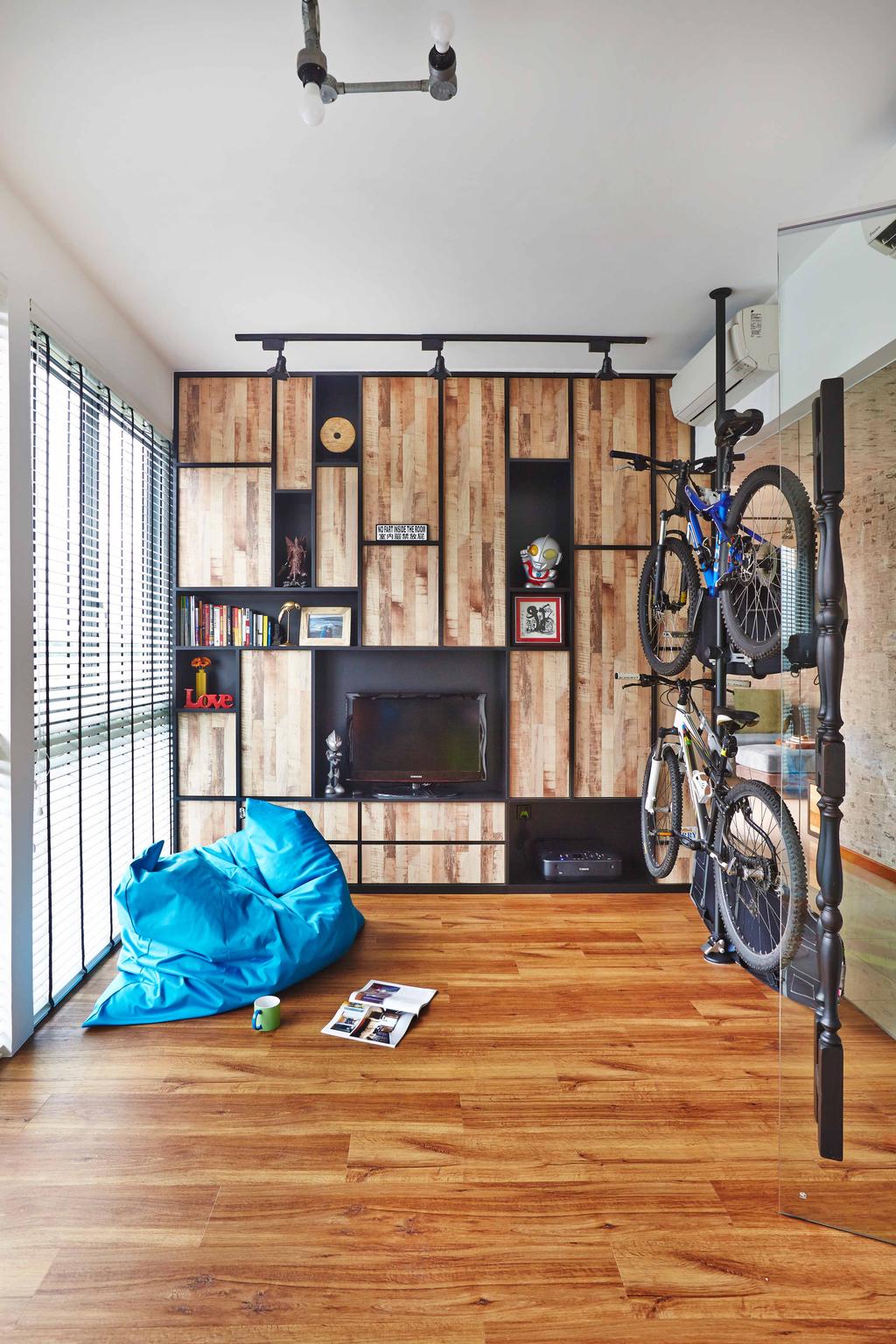 Eclectic, Condo, Living Room, The Canopy, Interior Designer, Fuse Concept, Black Track Lights, Bicycle Rack, Wooden Flooring, Brown Floor, Wooden Laminate, Laminated Floor, Wooden Wall, Venetian Blinds, Bean Bag, Blue, Wall Shelf, In Built Shelves, Open Shelves, Bicycle, Bike, Transportation, Vehicle