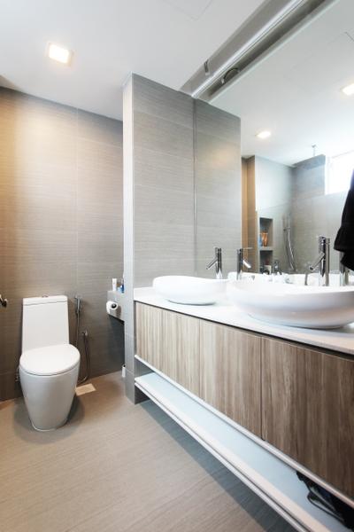 Sin Ming Plaza, Dreammetal, Contemporary, Bathroom, Condo, Recessed Lights, Light Wood Colour, Laminated Cabinets, Basins, White Basin, Mirror, Toilet, Indoors, Interior Design, Room